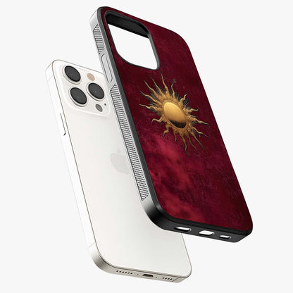 Gold Sun Blush Glass Case laid diagonally highlighting side profile, edges and glossy glass shine.