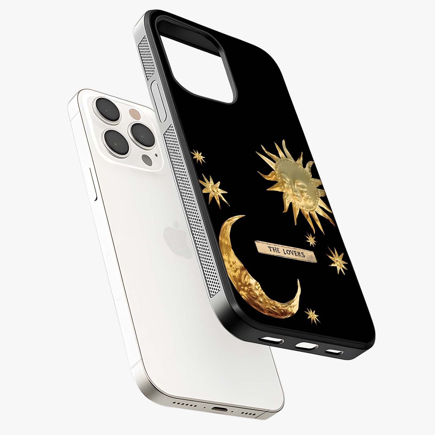 Golden Celestial Charm Glass Case laid diagonally highlighting side profile, edges and glossy glass shine.
