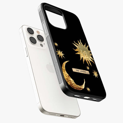 Golden Celestial Charm Glass Case laid diagonally highlighting side profile, edges and glossy glass shine.