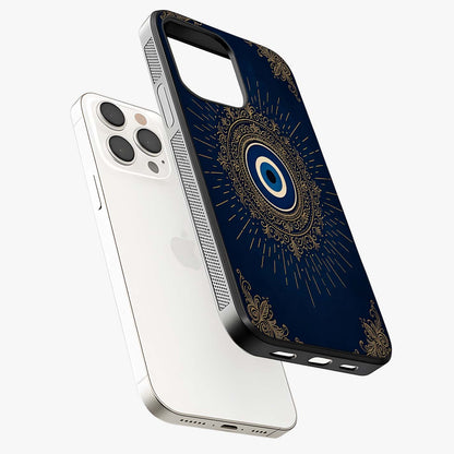 Golden Evil Eye Mandala Glass Case laid diagonally highlighting side profile, edges and glossy glass shine.