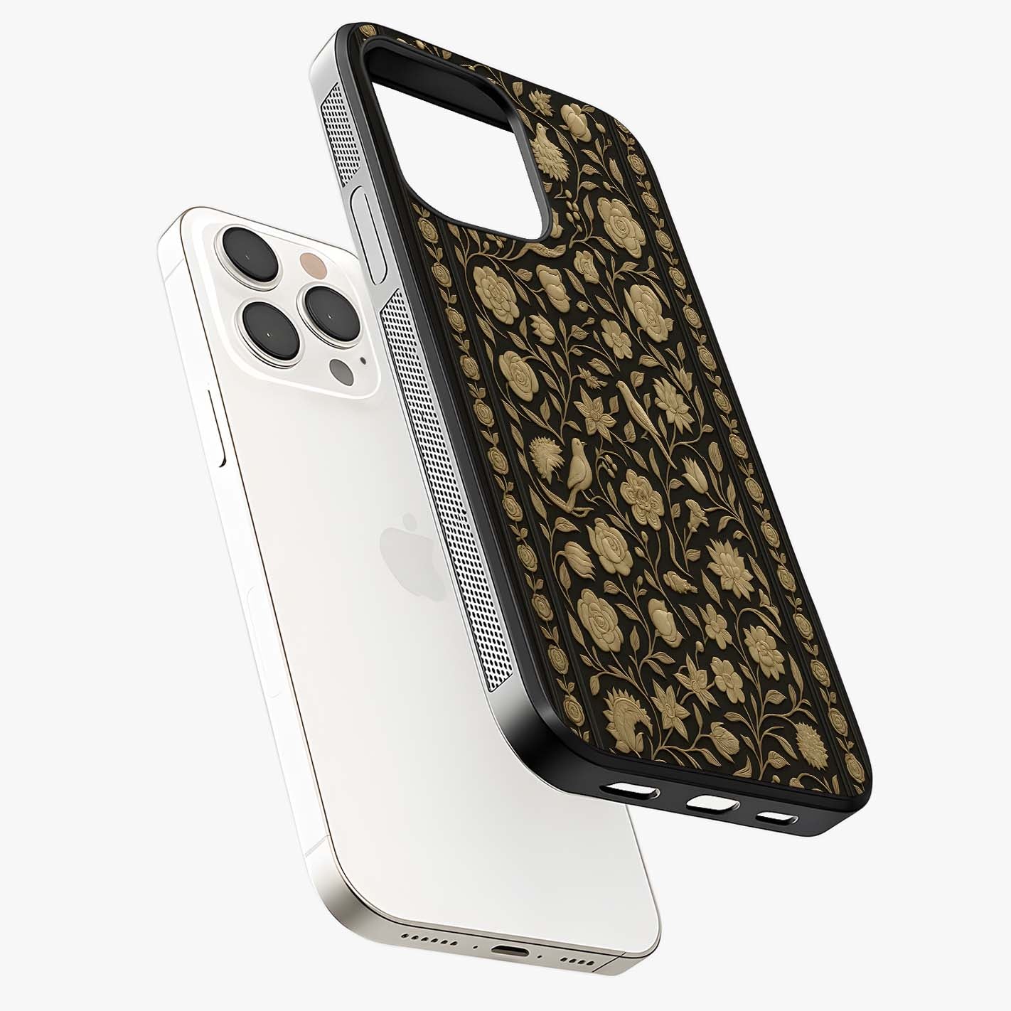 Golden Floral Majesty Glass Case laid diagonally highlighting side profile, edges and glossy glass shine.