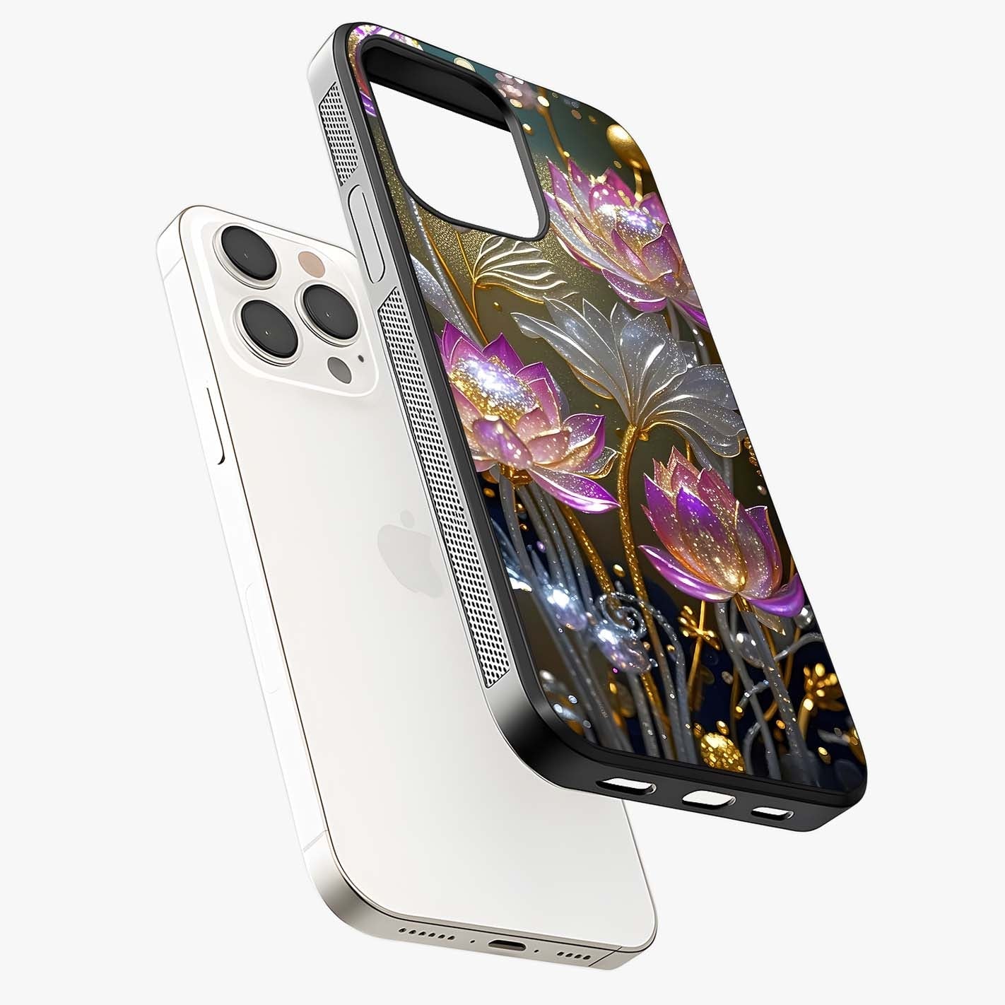 Golden Lotus Glow Glass Case laid diagonally highlighting side profile, edges and glossy glass shine.