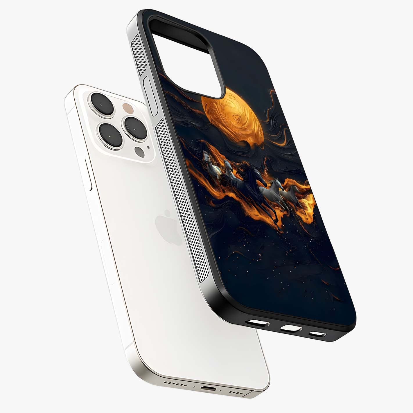 Golden Stallion Moonride Glass Case laid diagonally highlighting side profile, edges and glossy glass shine.