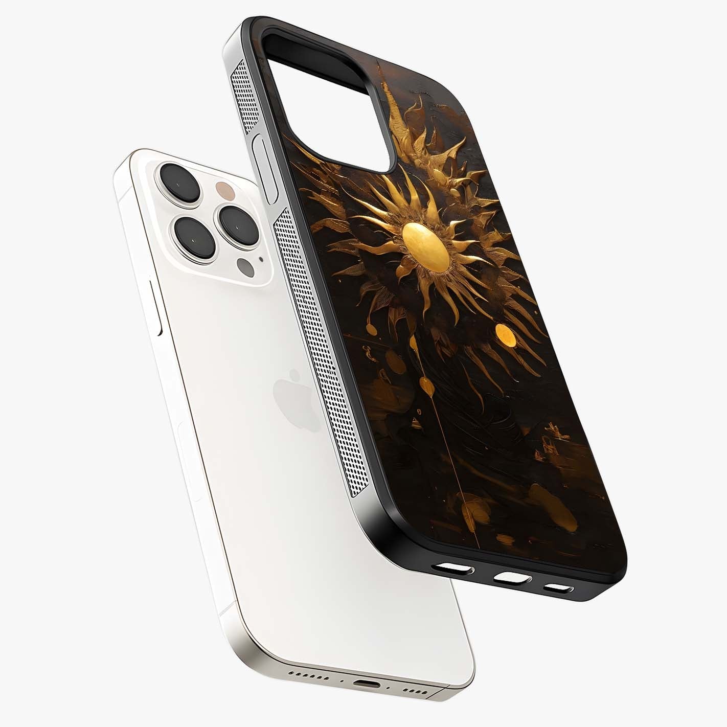 Golden Sun Majesty Glass Case laid diagonally highlighting side profile, edges and glossy glass shine.