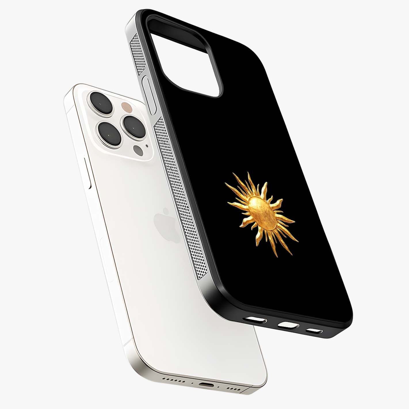 Golden Sun Minimalism Glass Case laid diagonally highlighting side profile, edges and glossy glass shine.