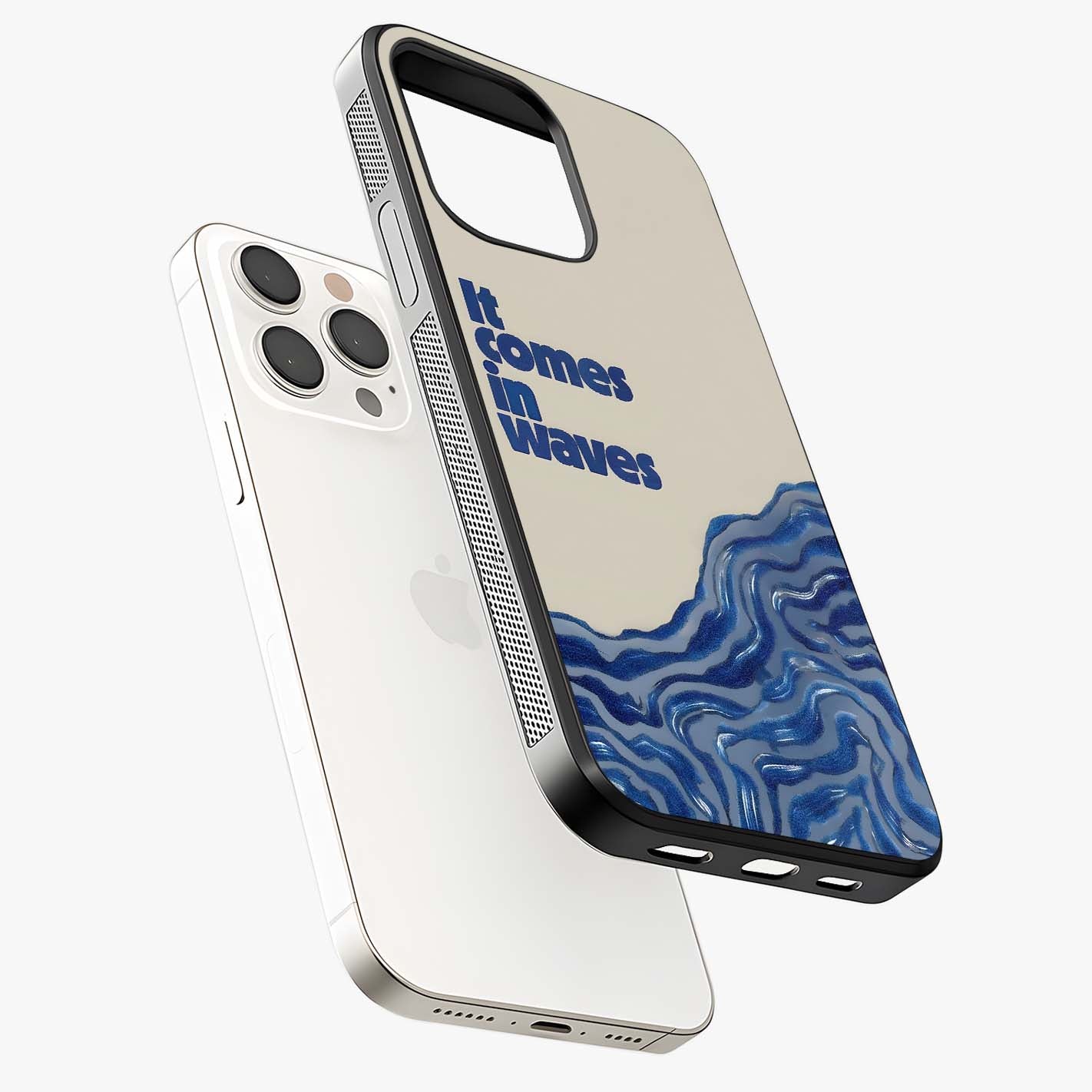 It Comes In Waves Quote Glass Case laid diagonally highlighting side profile, edges and glossy glass shine.