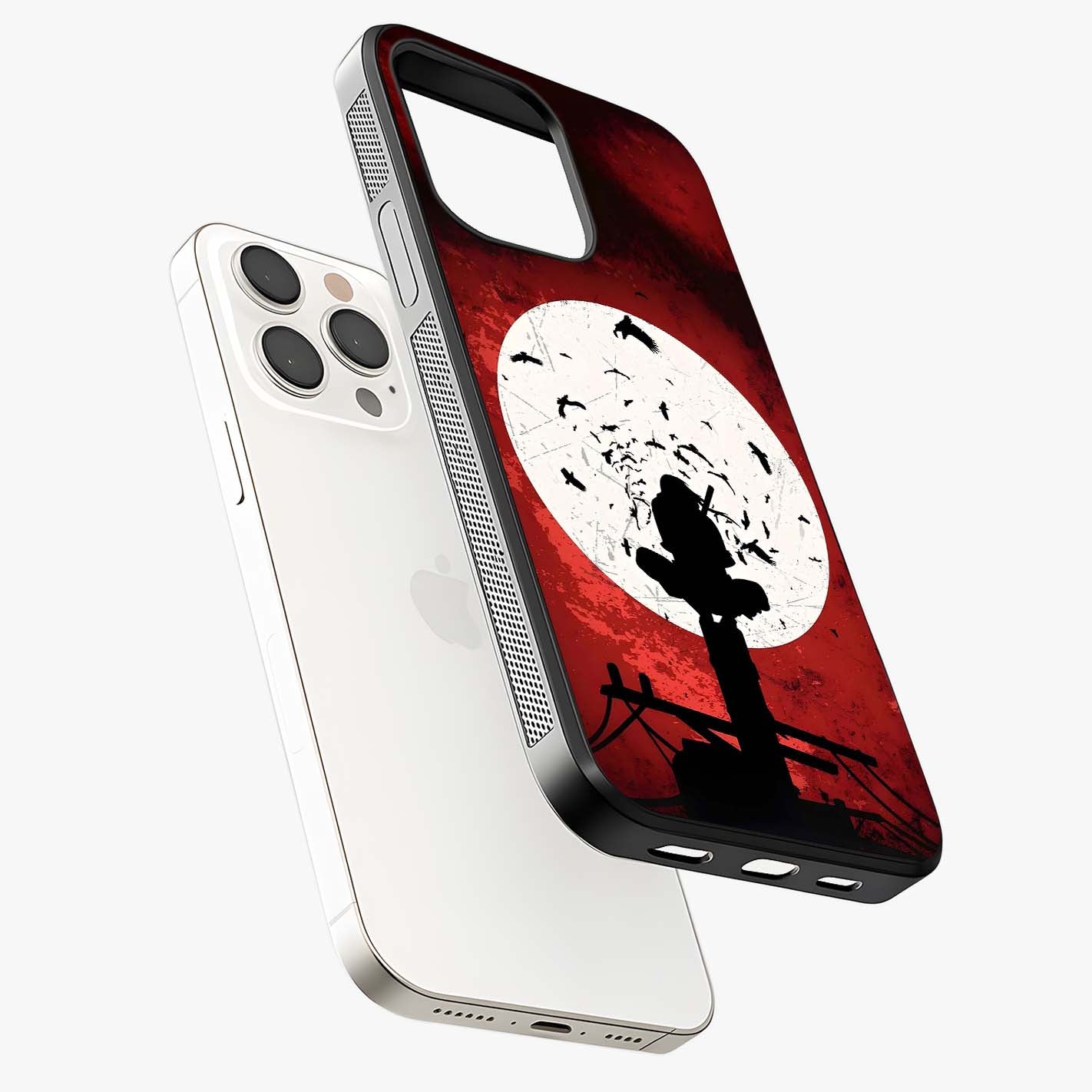 Itachi Limited Edition Naruto Anime Glass Case laid diagonally highlighting side profile, edges and glossy glass shine.