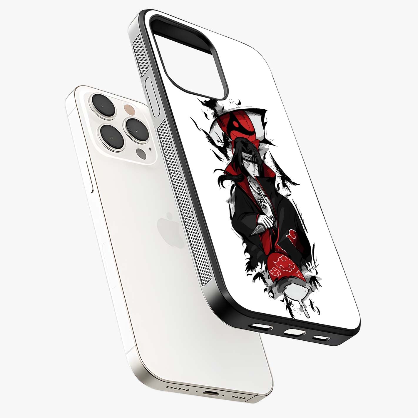 Itachi Sharingan Glass Case laid diagonally highlighting side profile, edges and glossy glass shine.