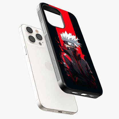 Kakashi Scarlet Shadow Glass Case laid diagonally highlighting side profile, edges and glossy glass shine.