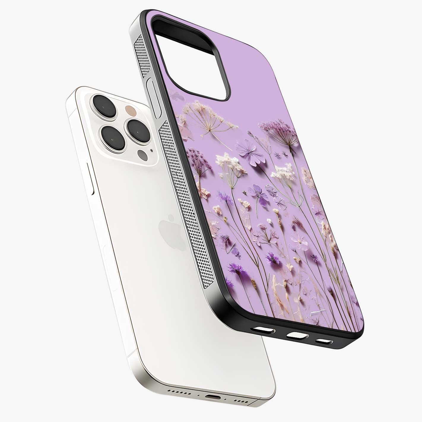 Lavender Blossom Dream Glass Case laid diagonally highlighting side profile, edges and glossy glass shine.