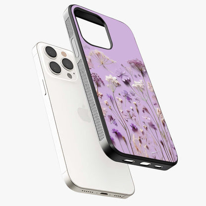 Lavender Blossom Dream Glass Case laid diagonally highlighting side profile, edges and glossy glass shine.