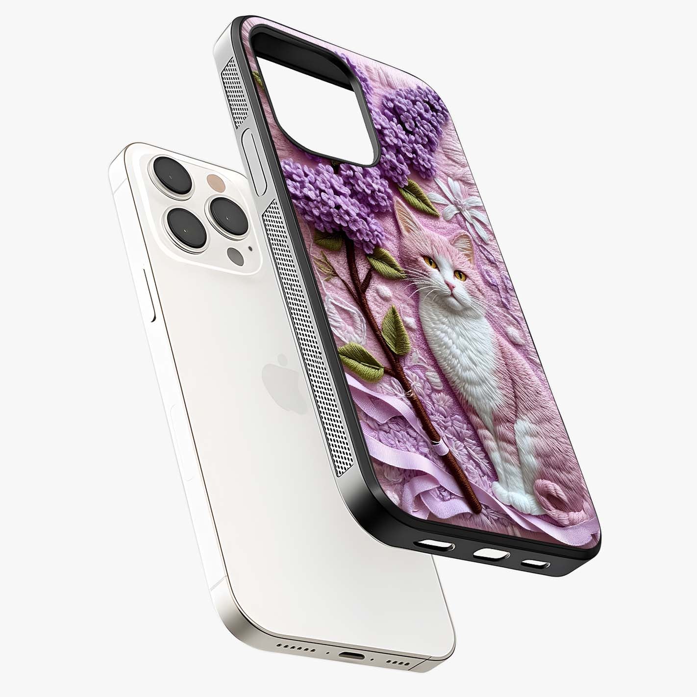 Lavender Cat Whimsy Glass Case laid diagonally highlighting side profile, edges and glossy glass shine.
