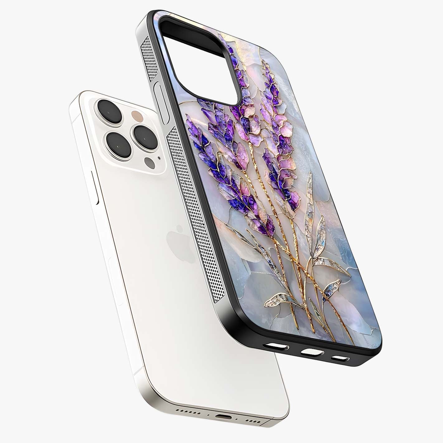 Lavender Dream Glow Glass Case laid diagonally highlighting side profile, edges and glossy glass shine.