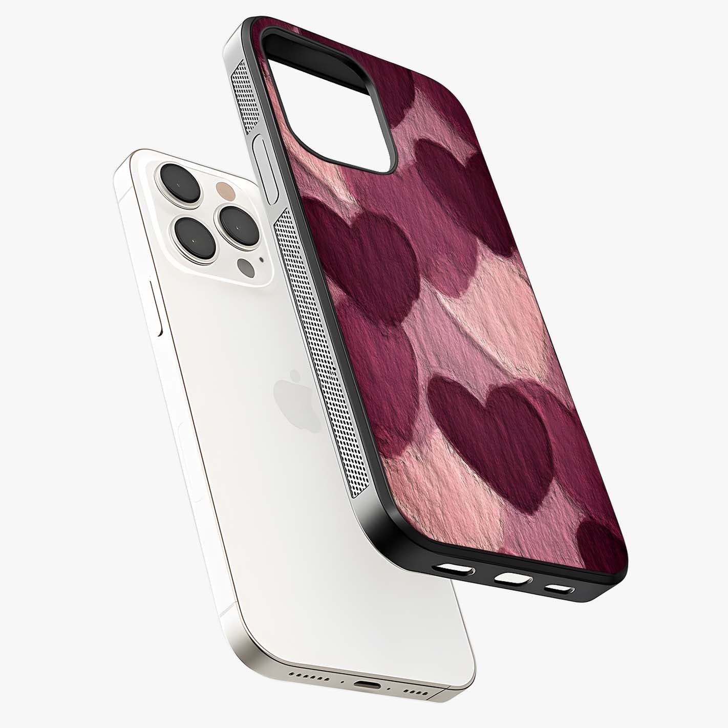 Layered Paper Hearts Glass Case laid diagonally highlighting side profile, edges and glossy glass shine.