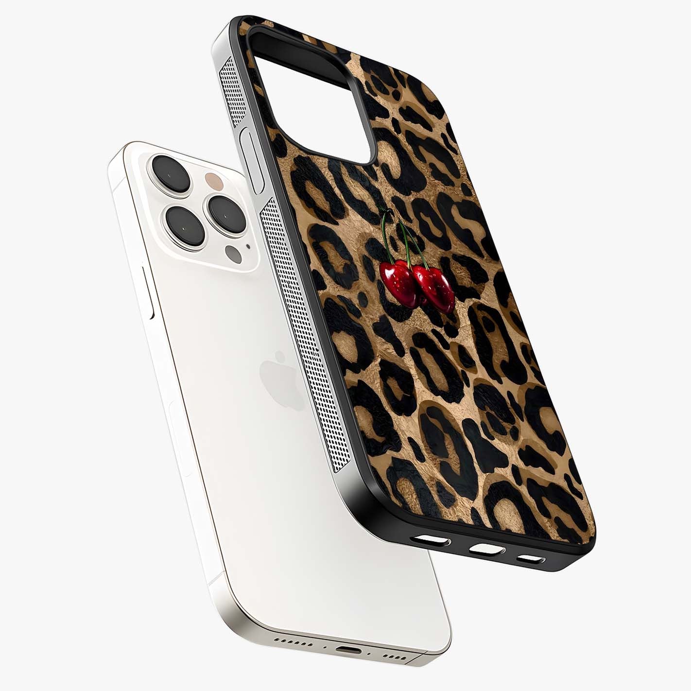 Leopard Wild Cherry Glass Case laid diagonally highlighting side profile, edges and glossy glass shine.