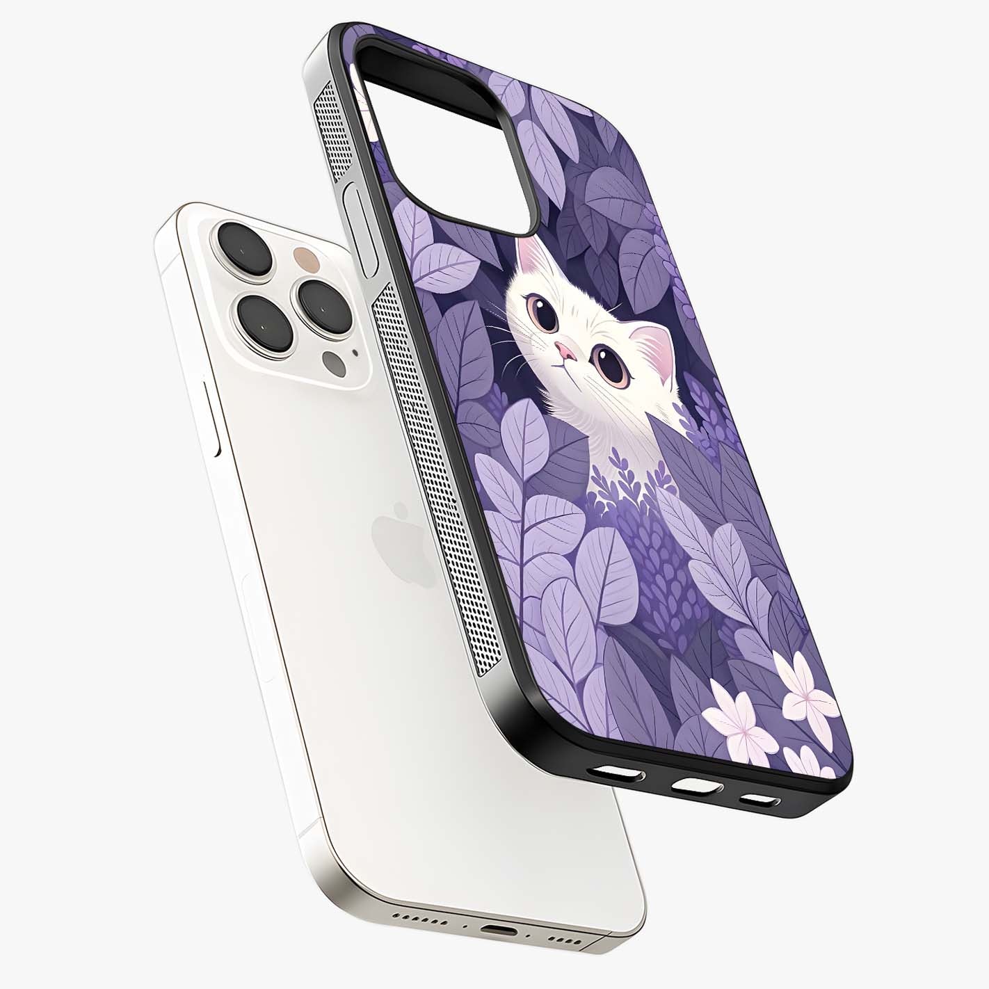 Lilac Hide Peek Cat Glass Case laid diagonally highlighting side profile, edges and glossy glass shine.