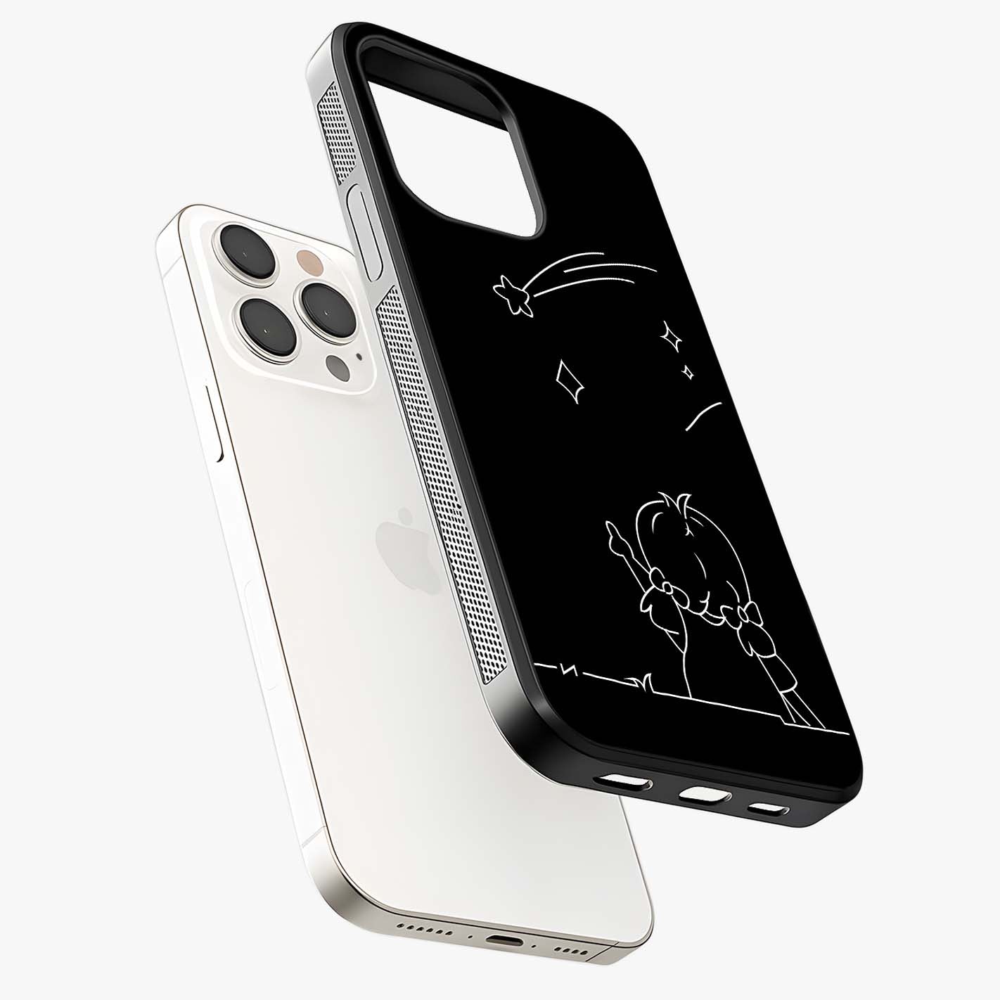 Line Art Girl With Shooting Stars Glass Case laid diagonally highlighting side profile, edges and glossy glass shine.
