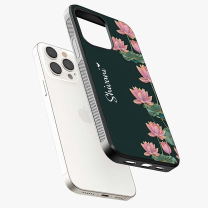 Lotus Bloom Serenity Custom Name Glass Case laid diagonally highlighting side profile, edges and glossy glass shine.