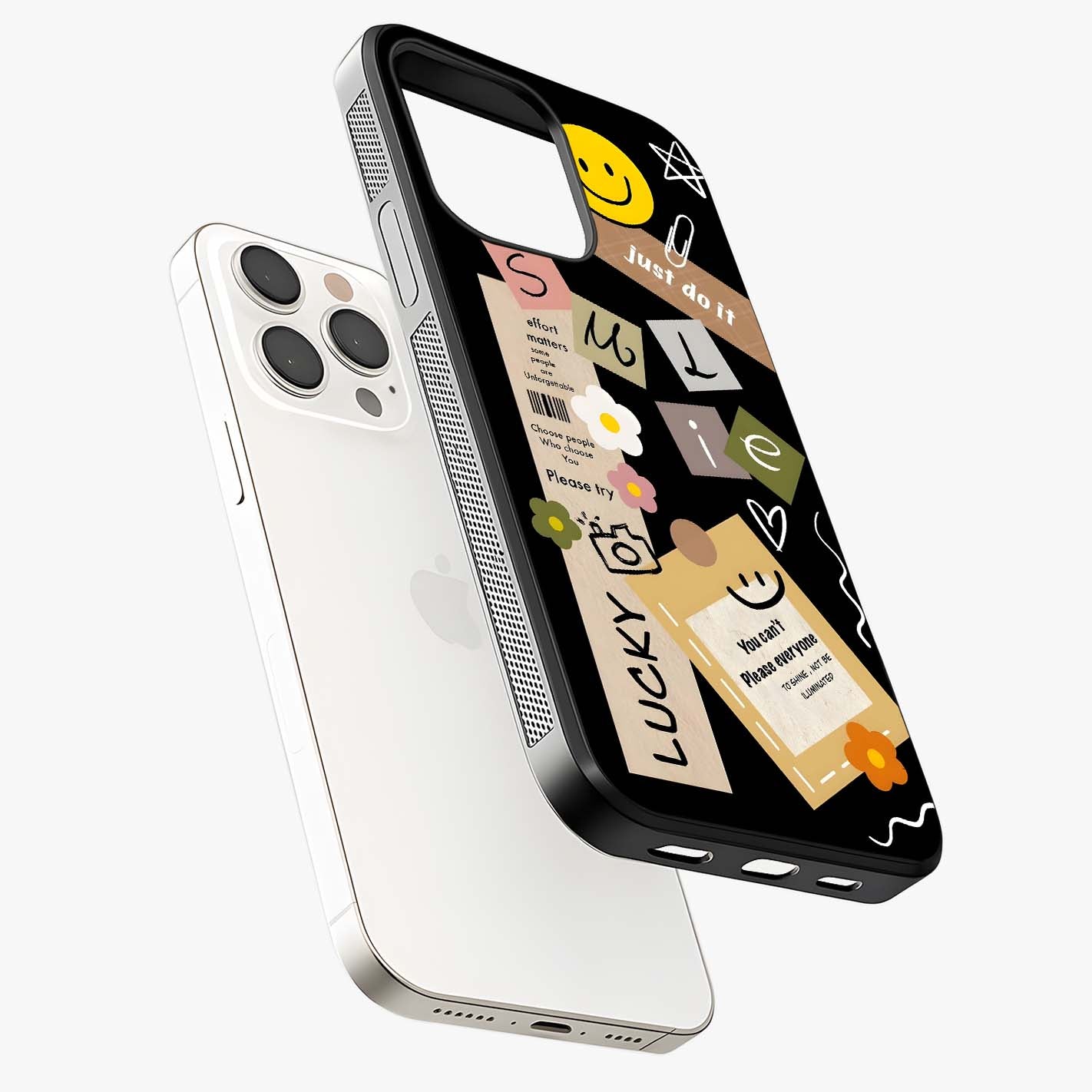Lucky Aesthetic Collage Glass Case laid diagonally highlighting side profile, edges and glossy glass shine.