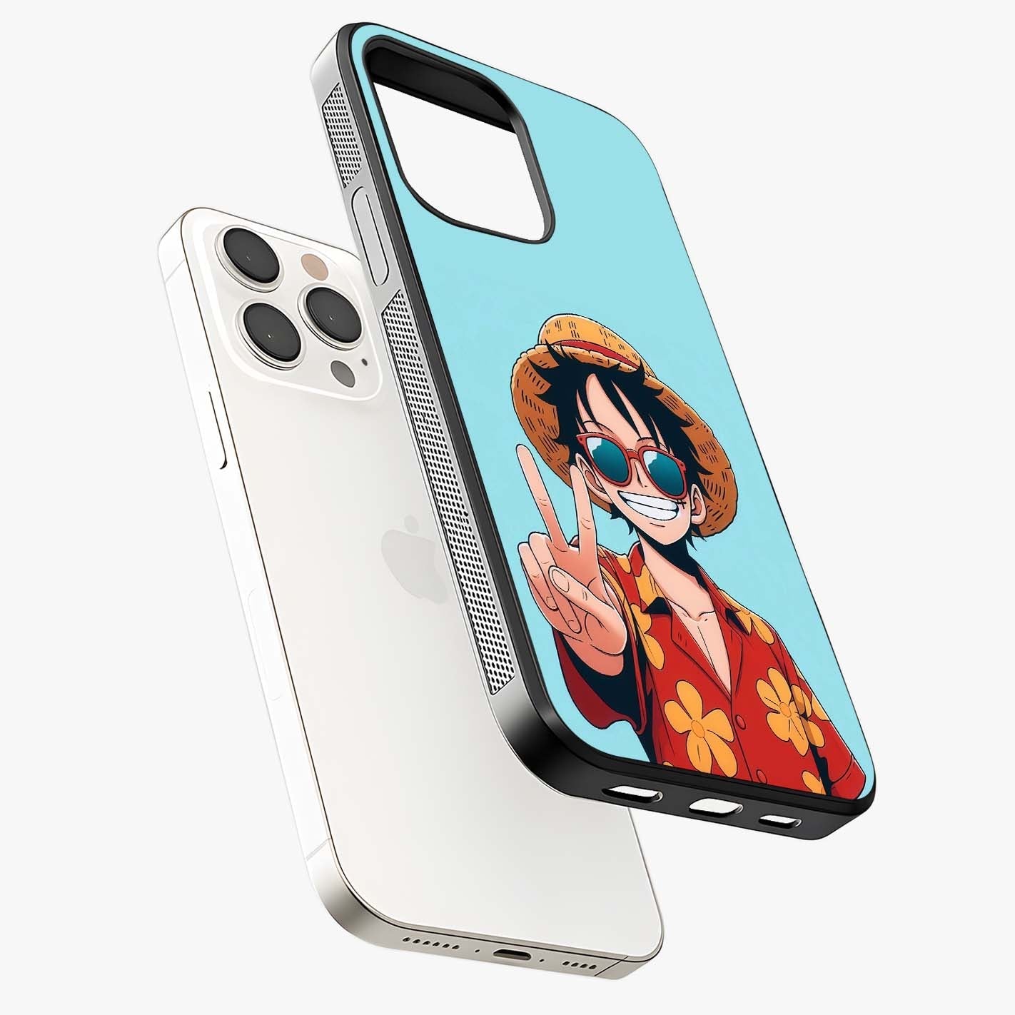 Luffy Summer Anime Vibe Glass Case laid diagonally highlighting side profile, edges and glossy glass shine.