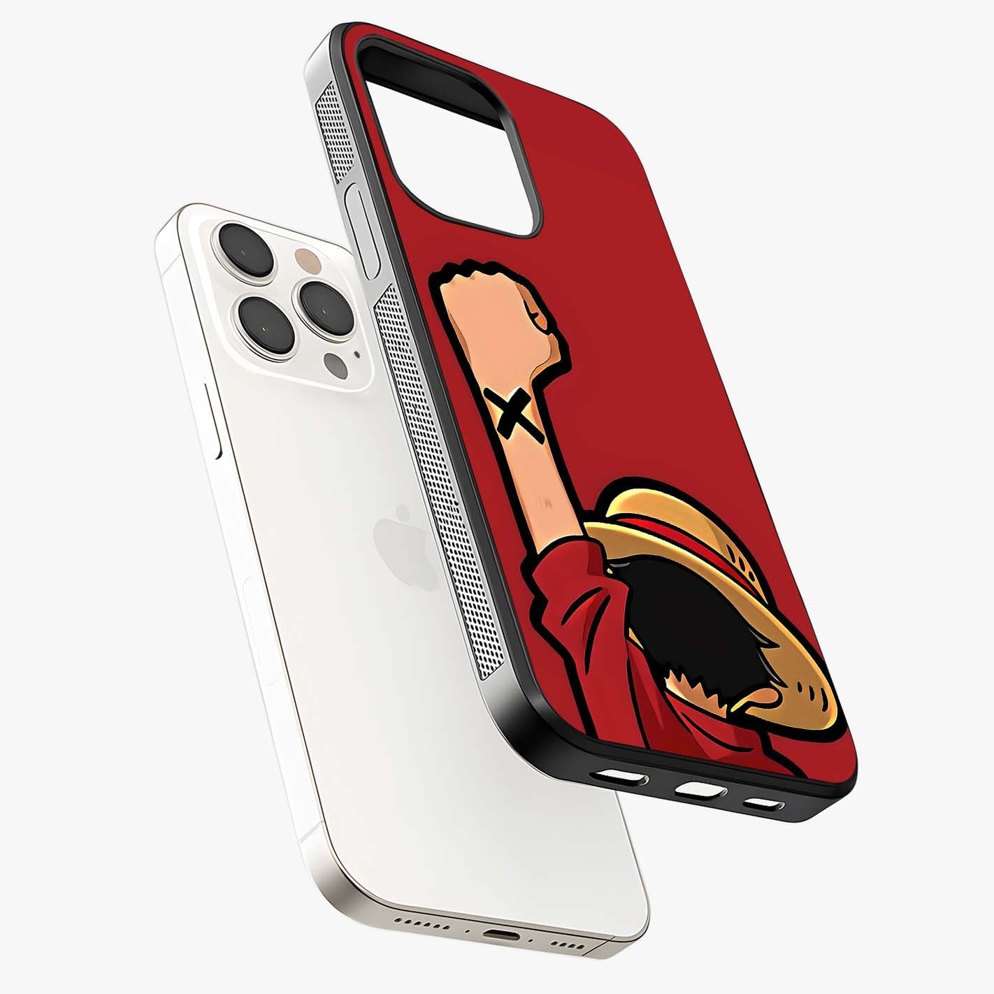 Luffy X Spirit Glass Case laid diagonally highlighting side profile, edges and glossy glass shine.