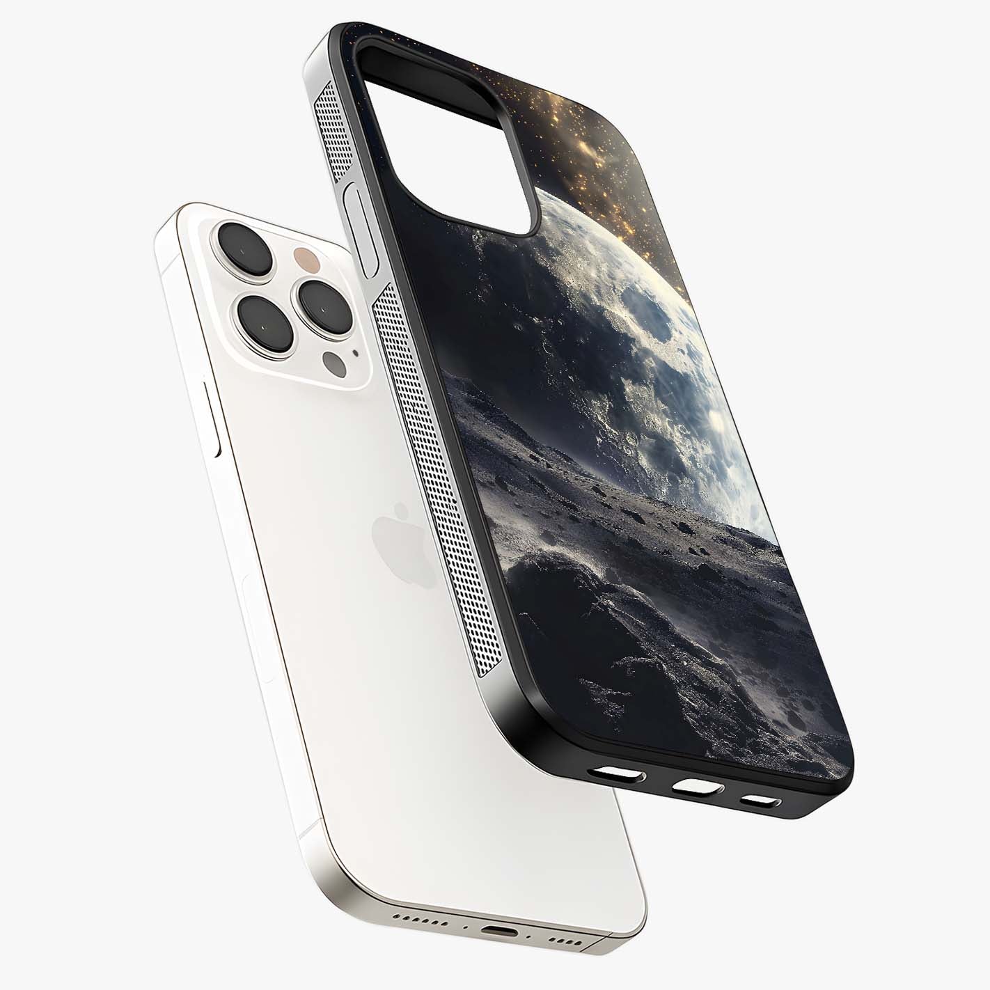 Lunar Horizon Glow Glass Case laid diagonally highlighting side profile, edges and glossy glass shine.