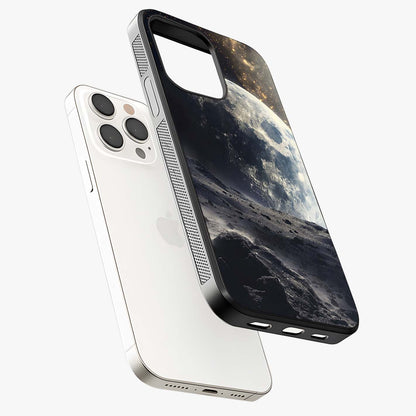 Lunar Horizon Glow Glass Case laid diagonally highlighting side profile, edges and glossy glass shine.