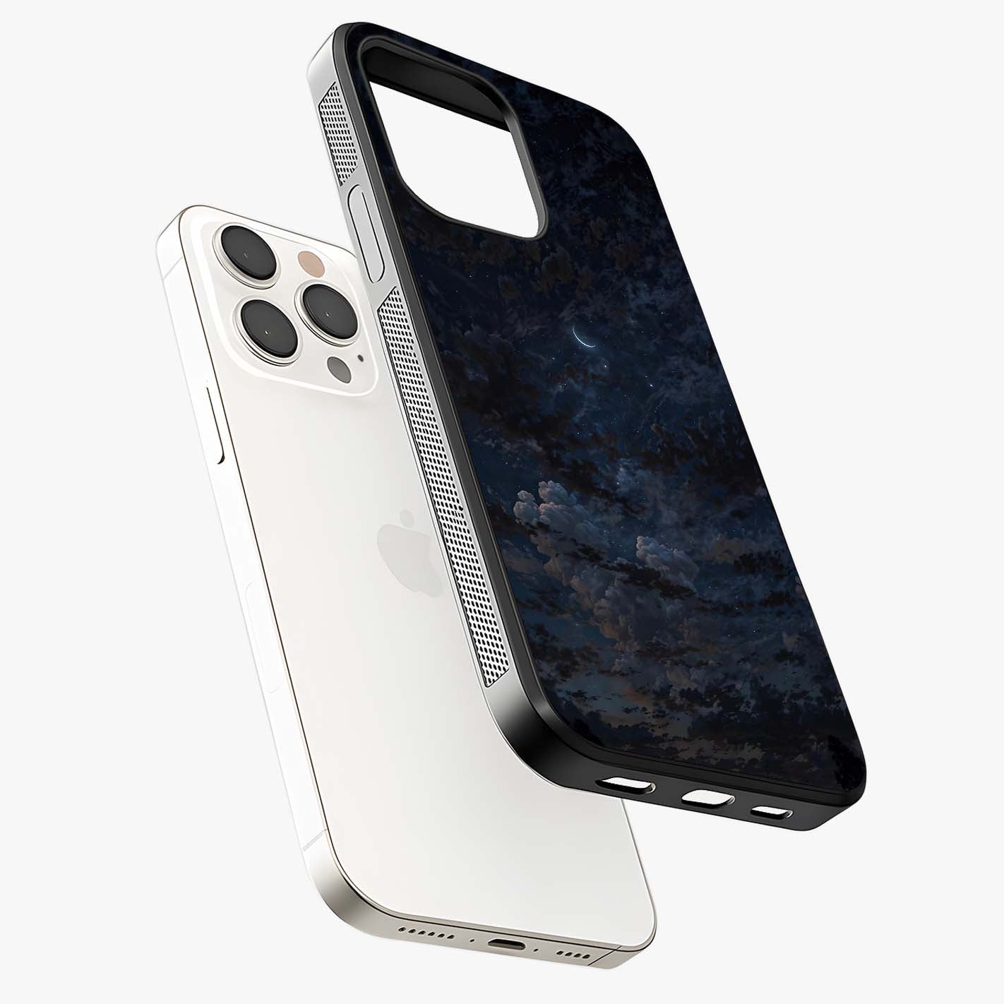 Lunar Veil Silence Glass Case laid diagonally highlighting side profile, edges and glossy glass shine.