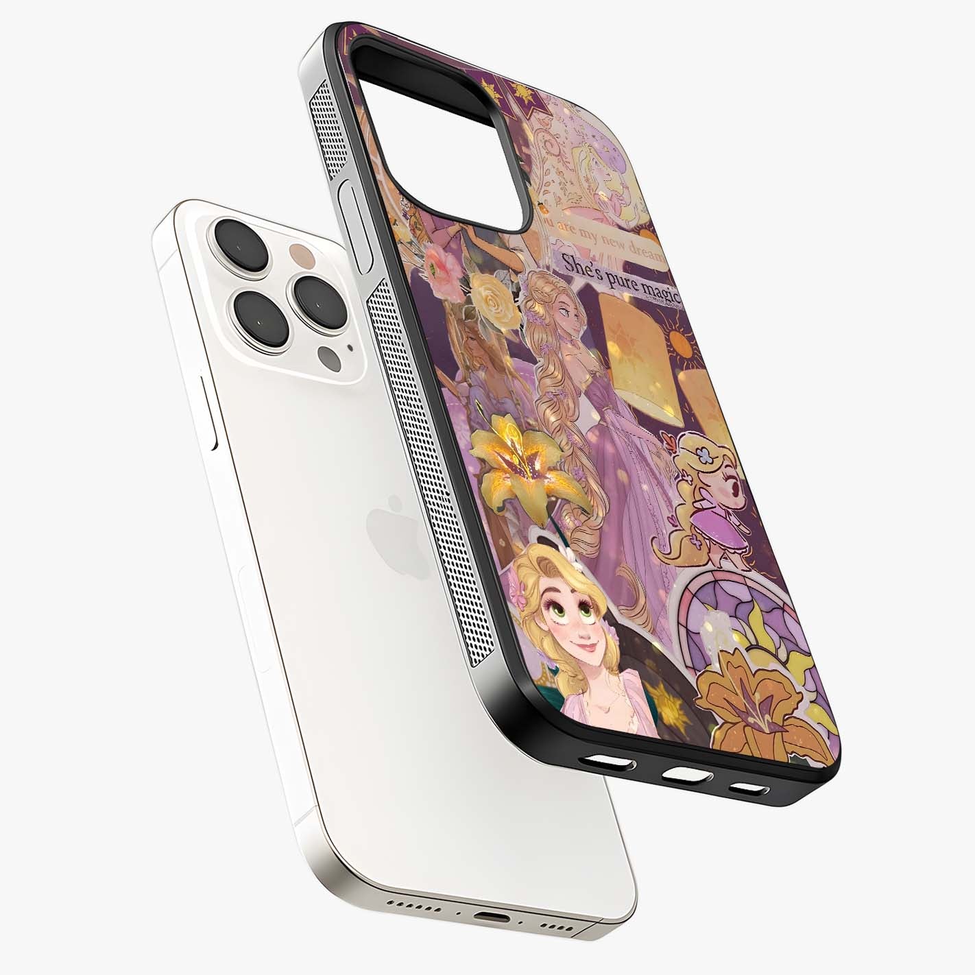 Magical Tangled Dream Glass Case laid diagonally highlighting side profile, edges and glossy glass shine.