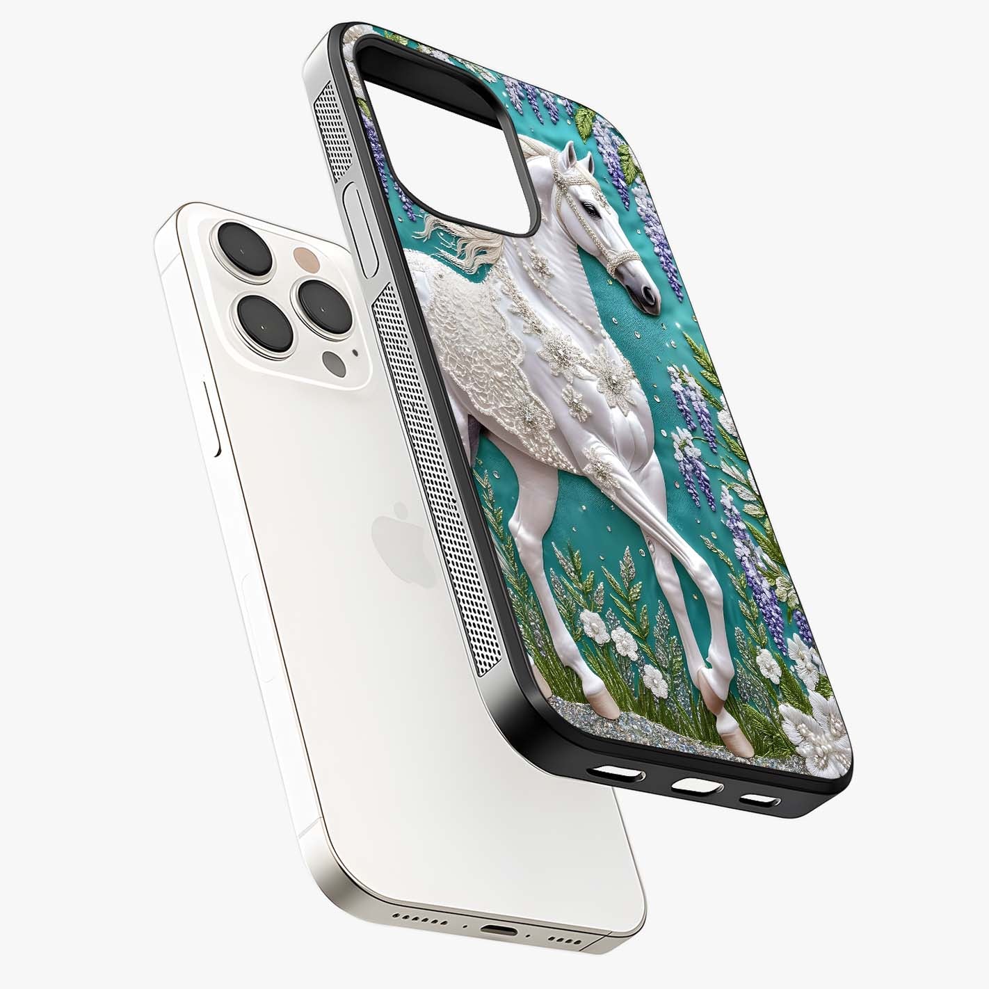 Majestic Floral Stallion Glass Case laid diagonally highlighting side profile, edges and glossy glass shine.