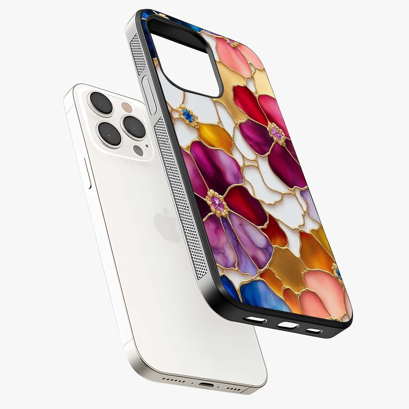 Marble Flower Pattern Glass Case laid diagonally highlighting side profile, edges and glossy glass shine.