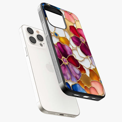 Marble Flower Pattern Glass Case laid diagonally highlighting side profile, edges and glossy glass shine.