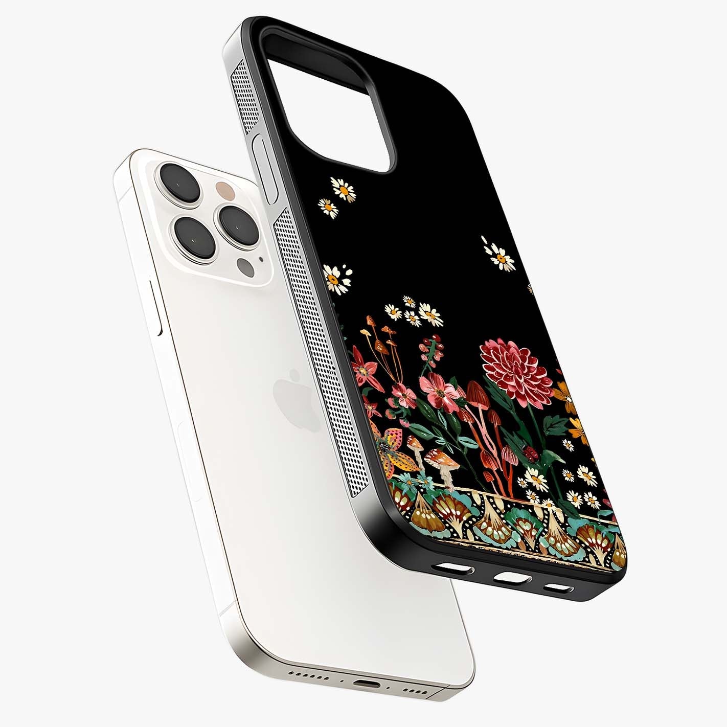 Midnight Bloom Pattern Glass Case laid diagonally highlighting side profile, edges and glossy glass shine.