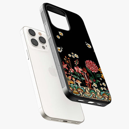 Midnight Bloom Pattern Glass Case laid diagonally highlighting side profile, edges and glossy glass shine.