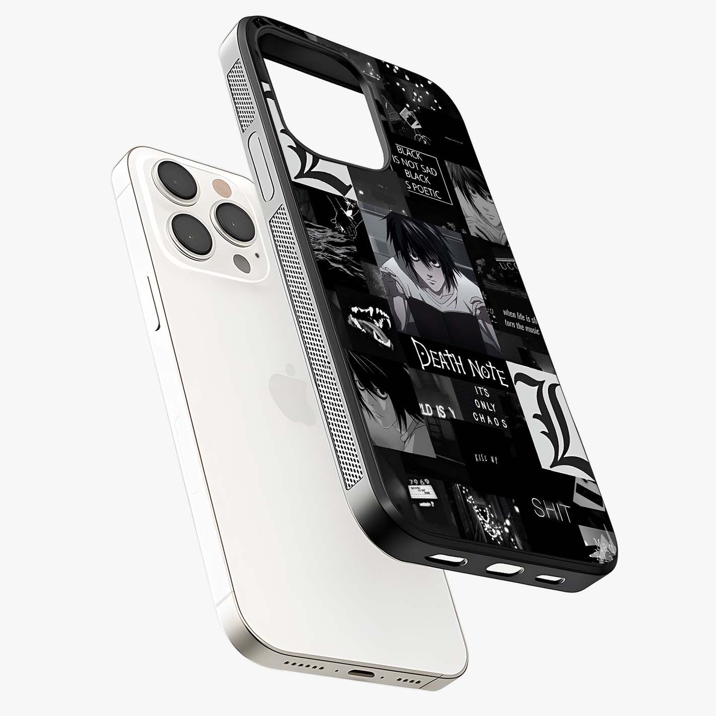 Midnight Chaos Mind Glass Case laid diagonally highlighting side profile, edges and glossy glass shine.