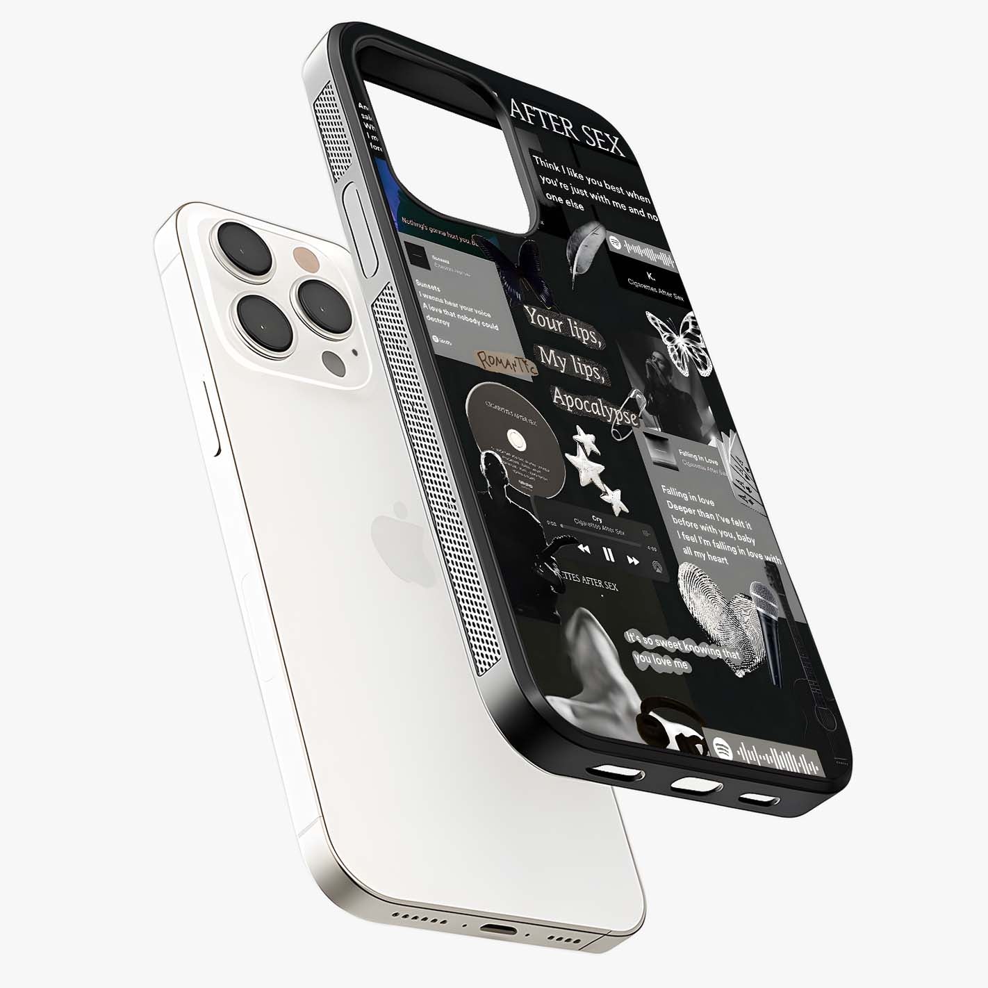 Midnight Love Echo Glass Case laid diagonally highlighting side profile, edges and glossy glass shine.