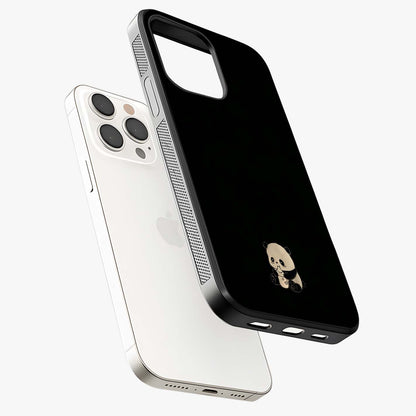 Midnight Panda Love Glass Case laid diagonally highlighting side profile, edges and glossy glass shine.