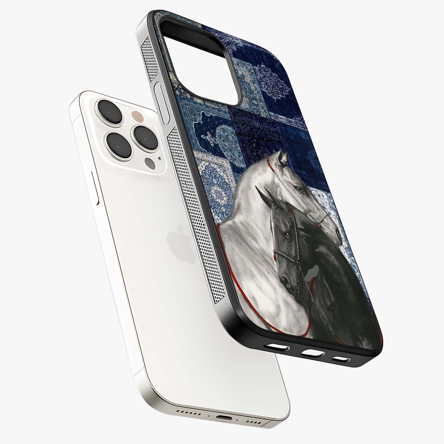 Midnight Stallion Blues Glass Case laid diagonally highlighting side profile, edges and glossy glass shine.