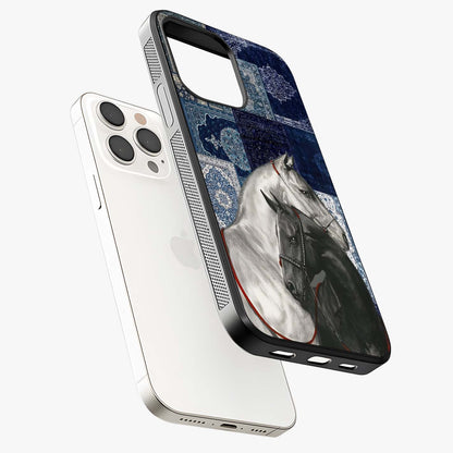 Midnight Stallion Blues Glass Case laid diagonally highlighting side profile, edges and glossy glass shine.