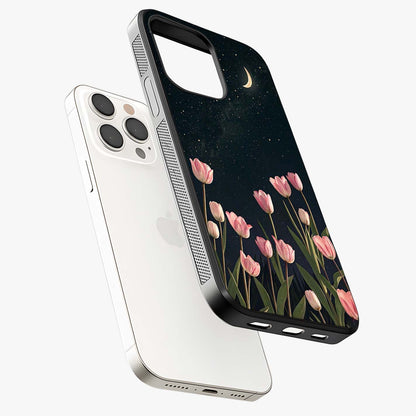 Midnight Tulip Whispers Vibe Glass Case laid diagonally highlighting side profile, edges and glossy glass shine.