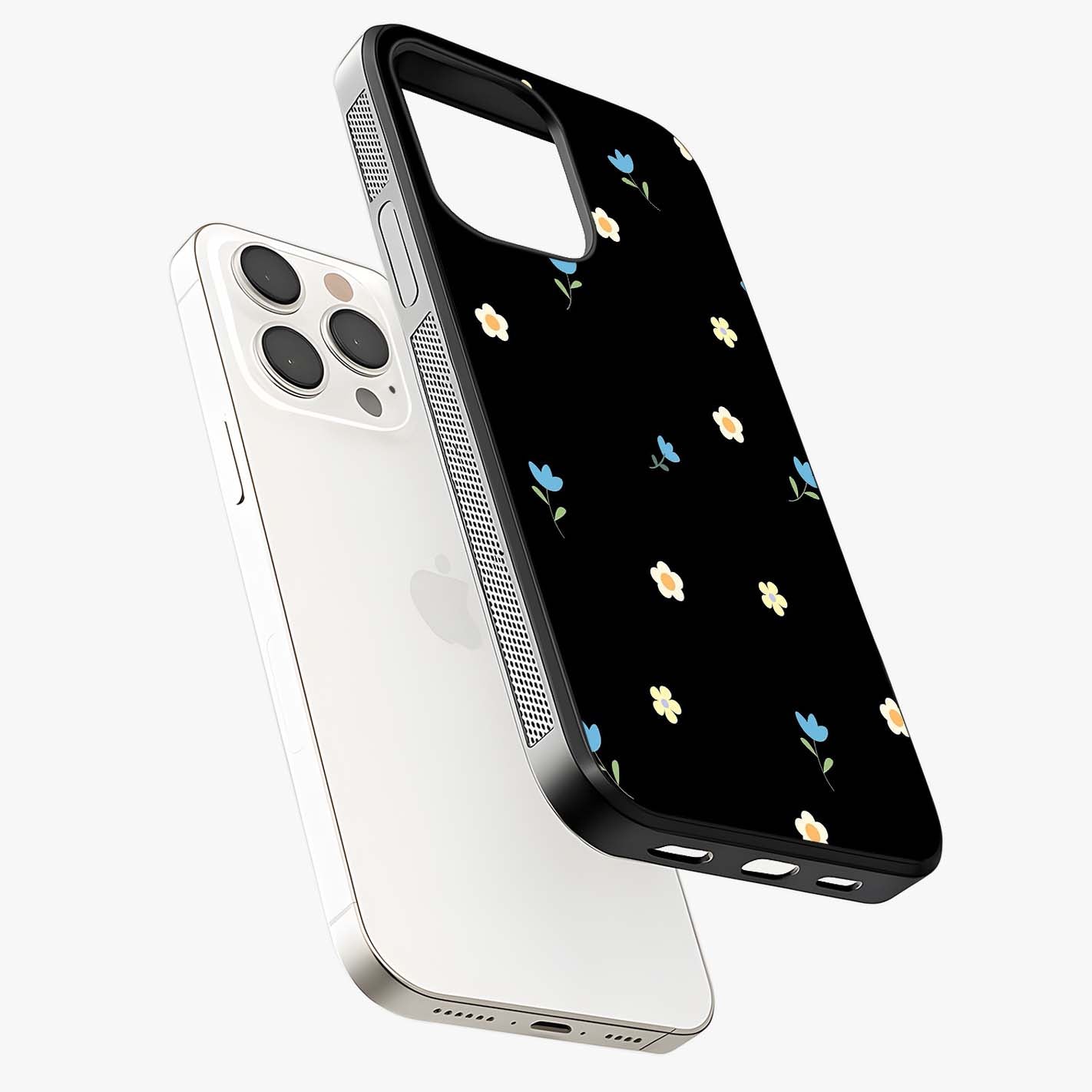 Minimalistic Blue With White Flower Pattern Glass Case laid diagonally highlighting side profile, edges and glossy glass shine.