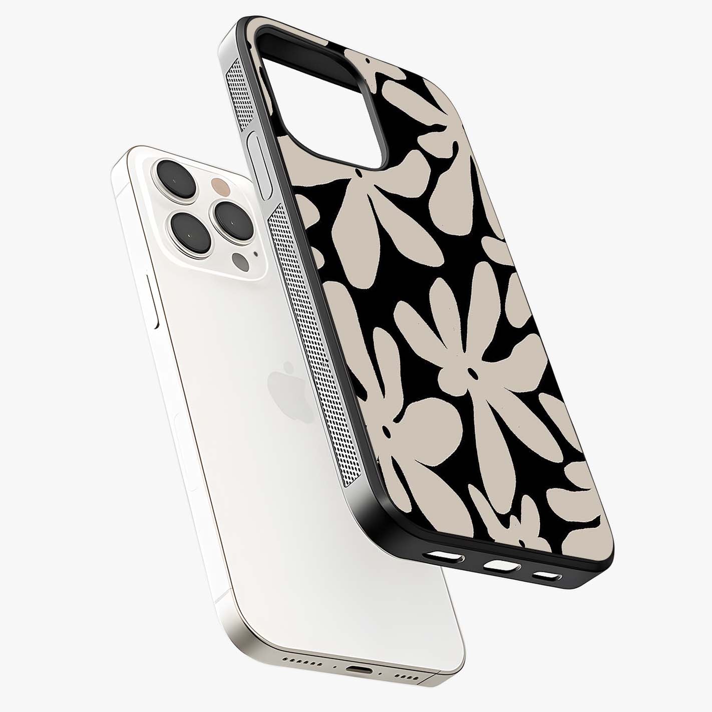 Monochrome Petal Dance Glass Case laid diagonally highlighting side profile, edges and glossy glass shine.