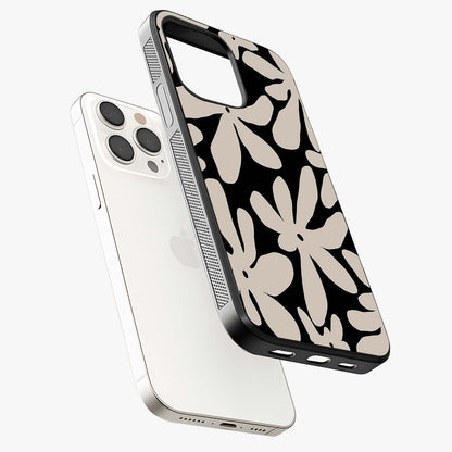 Monochrome Petal Dance Glass Case laid diagonally highlighting side profile, edges and glossy glass shine.