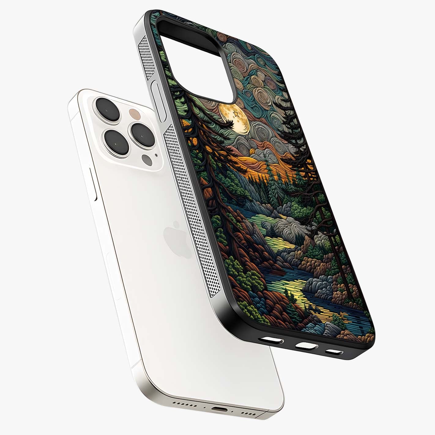 Moonlight Forest Dream Glass Case laid diagonally highlighting side profile, edges and glossy glass shine.