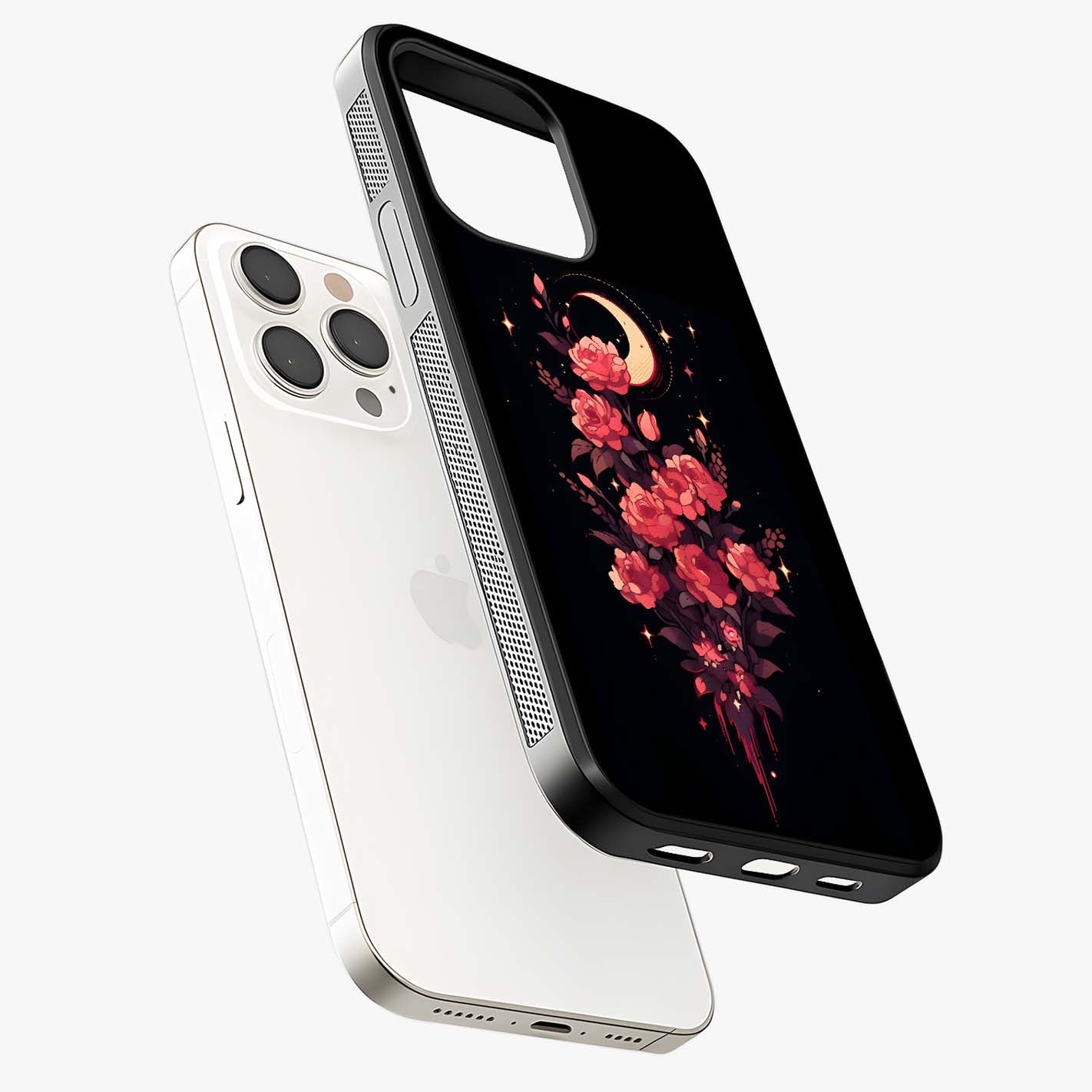 Moonlit Floral Elegance Glass Case laid diagonally highlighting side profile, edges and glossy glass shine.