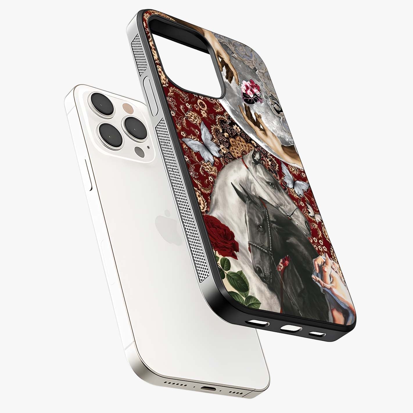Moonlit Royal Stallion Glass Case laid diagonally highlighting side profile, edges and glossy glass shine.