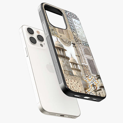 Mughal Marble Legacy Glass Case laid diagonally highlighting side profile, edges and glossy glass shine.