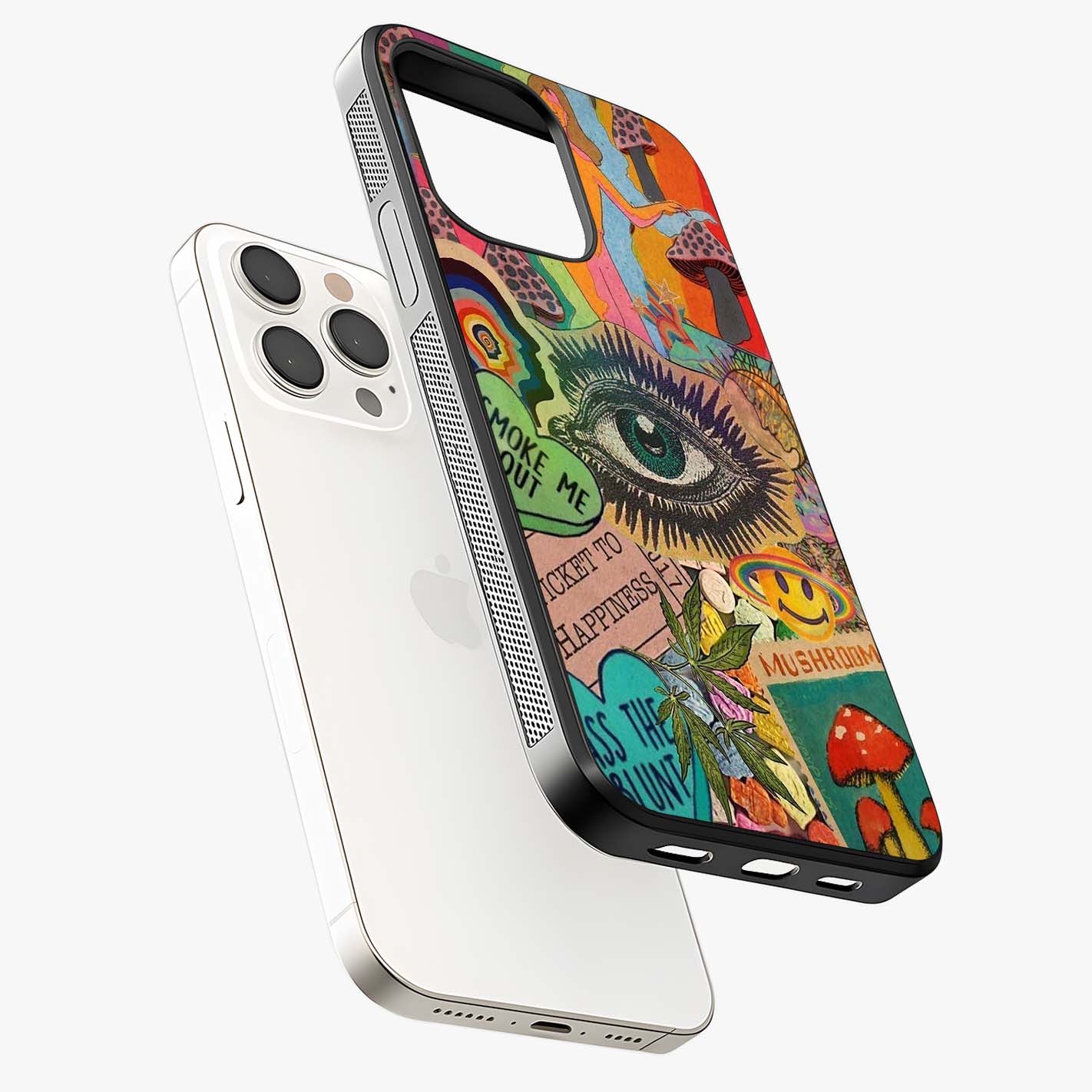 Mystic Eye Wonderland Glass Case laid diagonally highlighting side profile, edges and glossy glass shine.