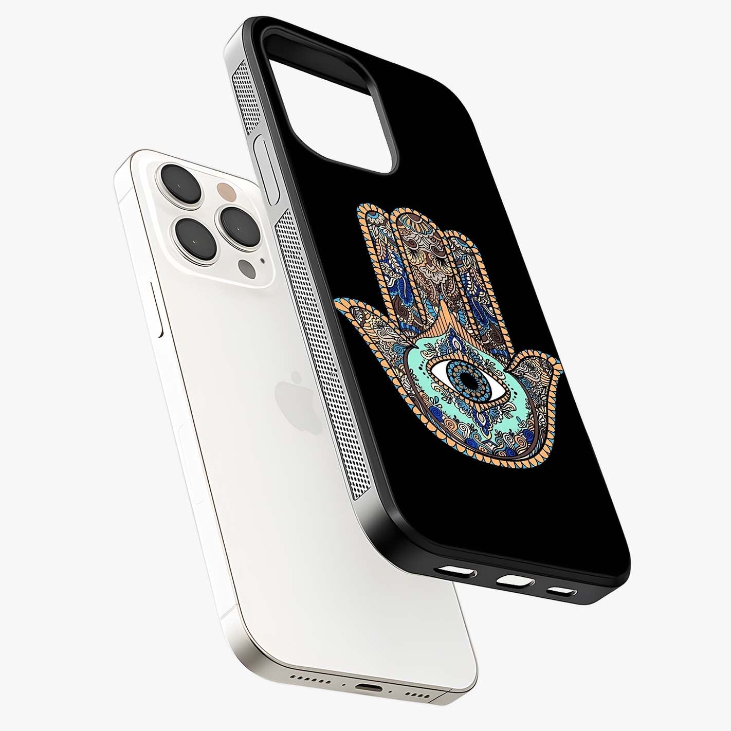 Mystic Hamsa Eye Glass Case laid diagonally highlighting side profile, edges and glossy glass shine.