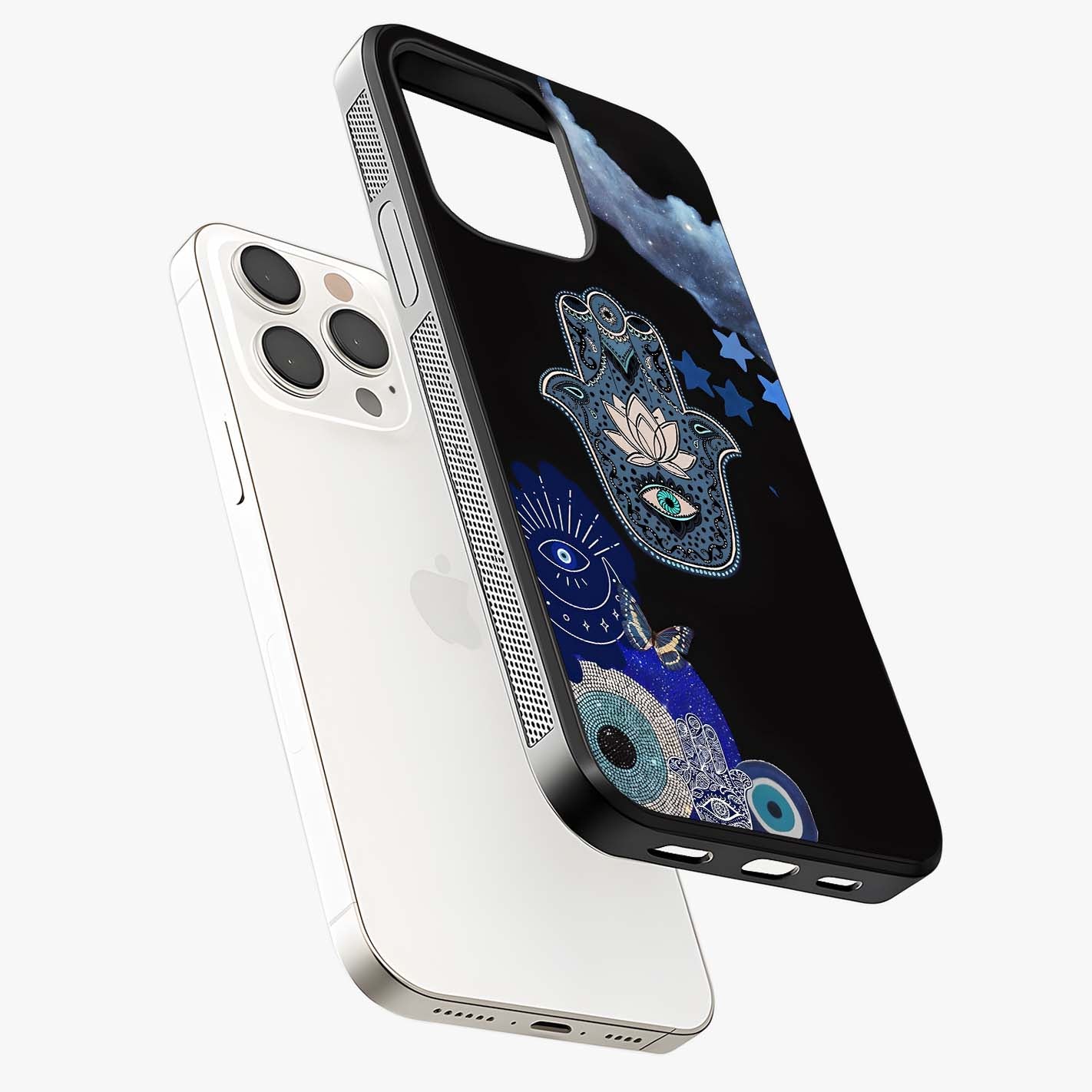 Mystic Hand Aura Glass Case laid diagonally highlighting side profile, edges and glossy glass shine.